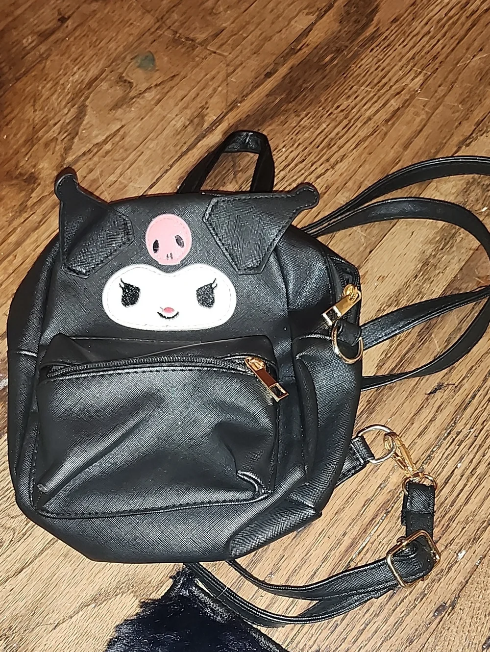 Black Kuromi-Style Mini Backpack with Gold Hardware